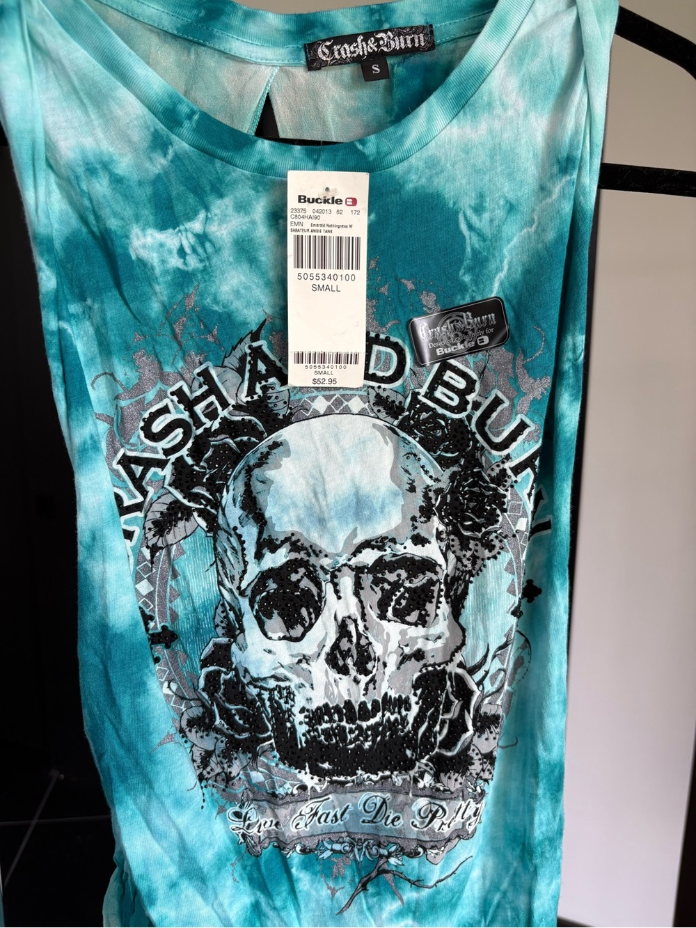 Crash & Burn Teal Tie-Dye Skull Tank Top